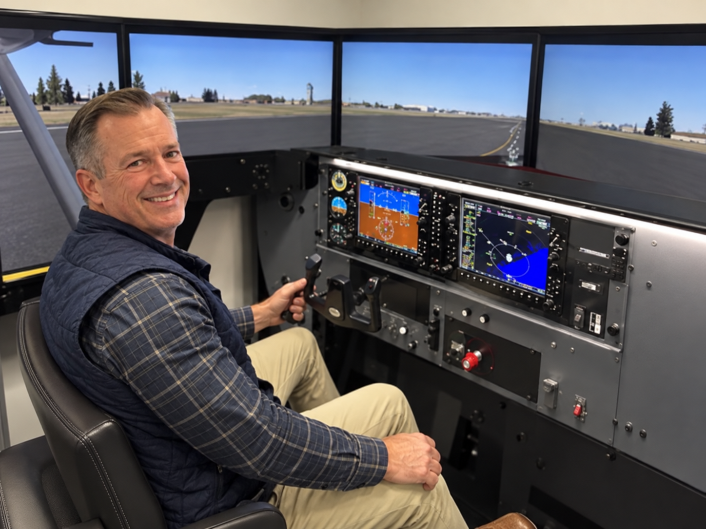 Pilot at the yoke in a full-motion flight simulator with panoramic runway displays