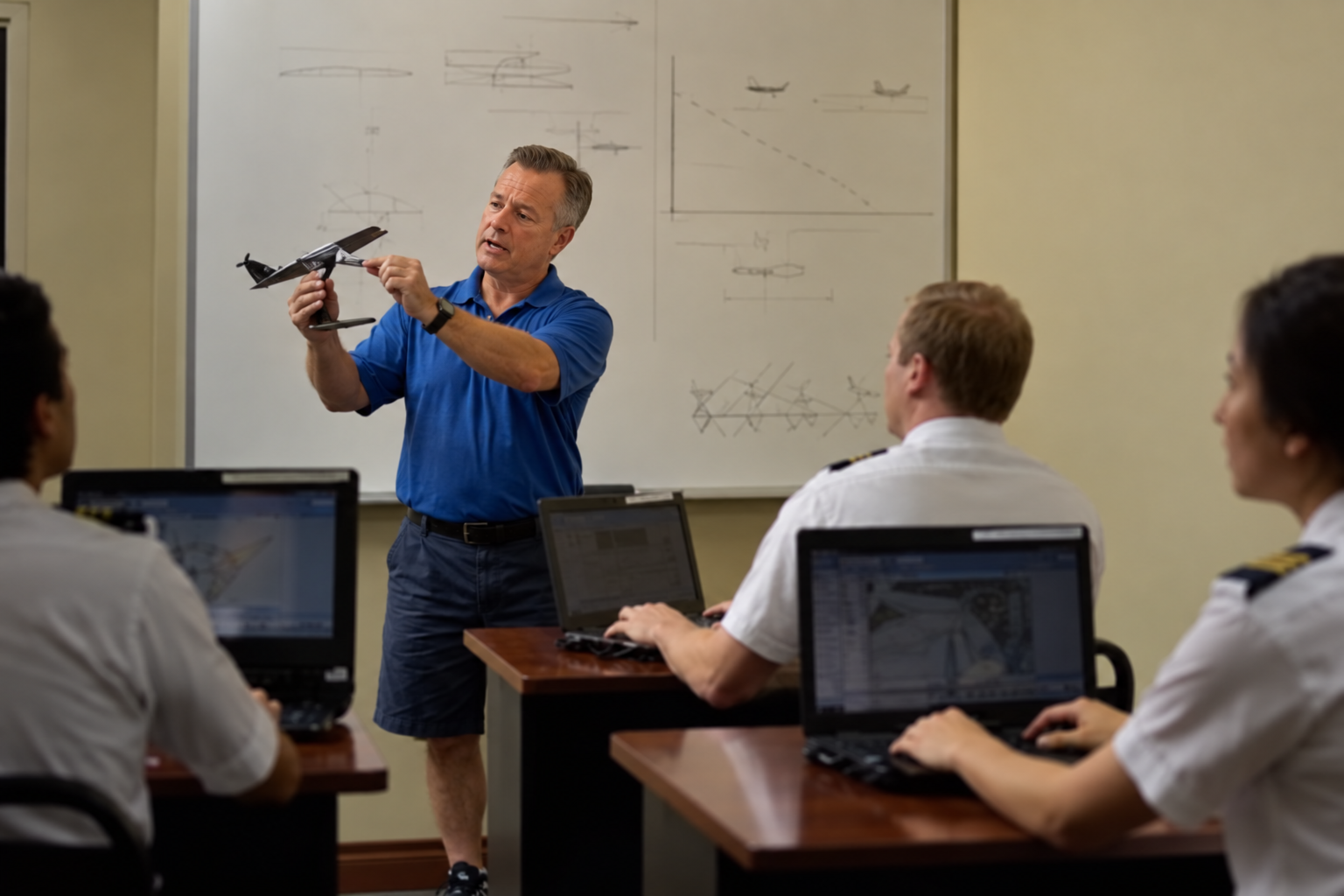 Instructor holding a model aircraft while explaining a concept to students in a ground school classroom