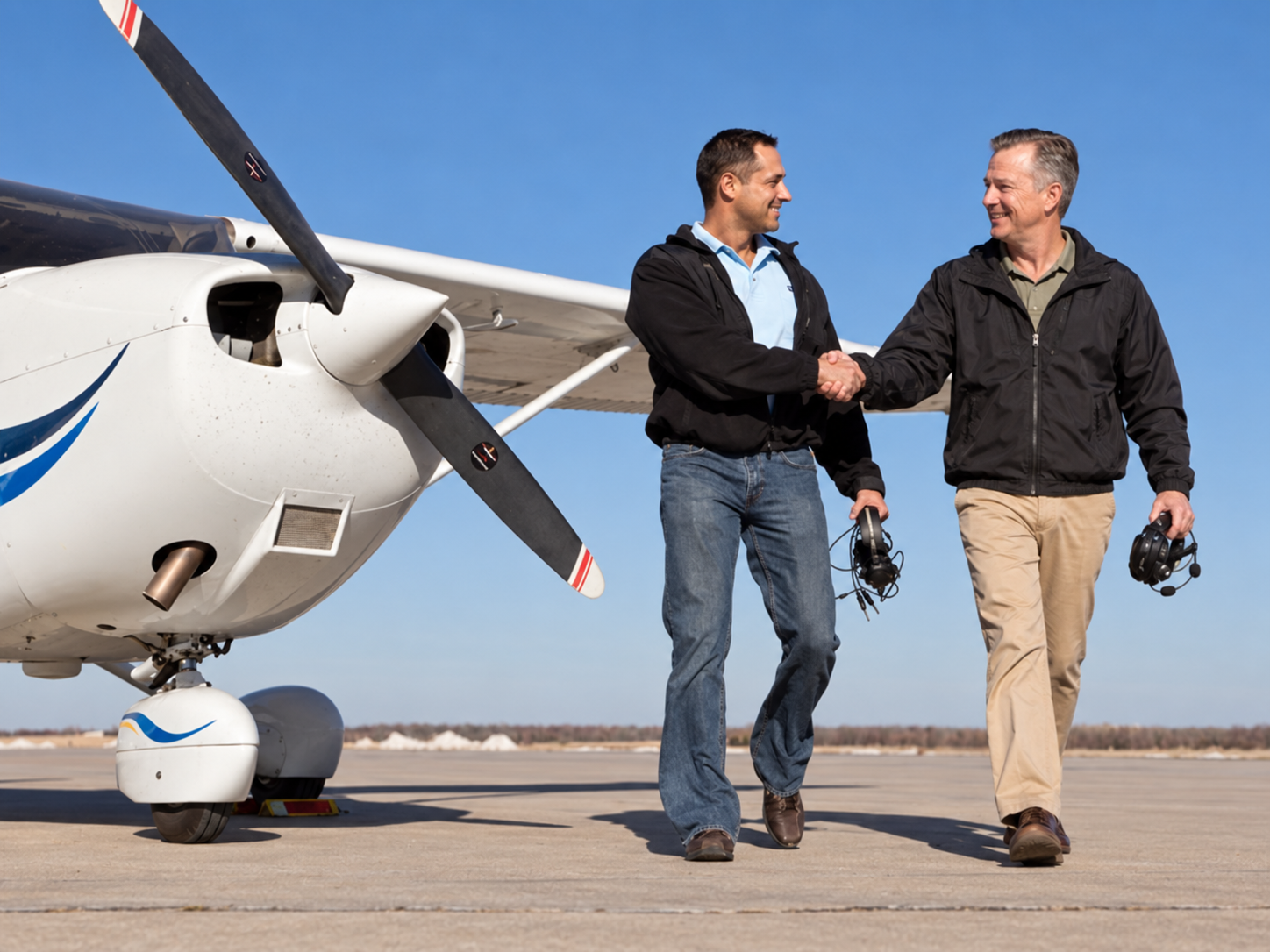 Pilot and instructor shaking hands on the ramp beside a single-engine aircraft after a flight