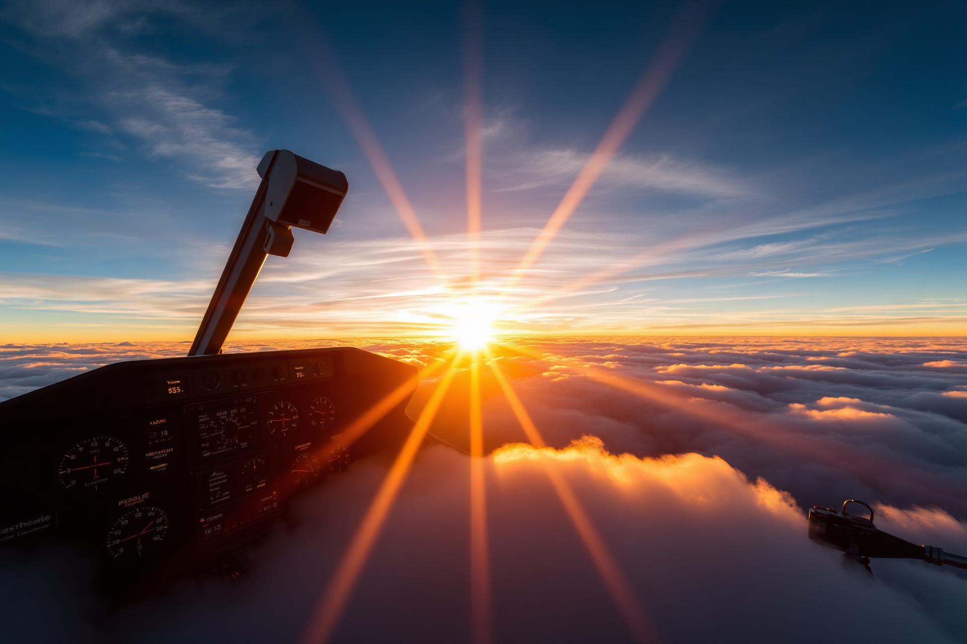 Cockpit at sunrise above the clouds